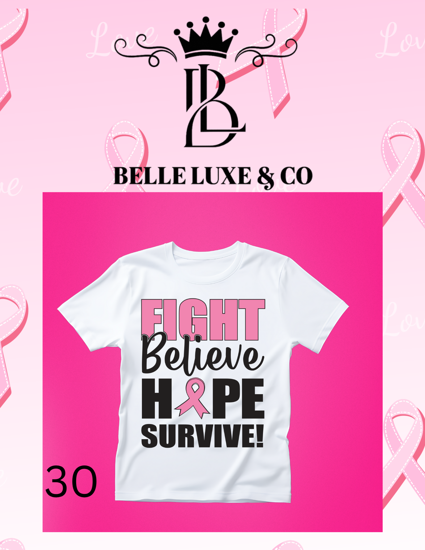 “October is Breast Cancer Awareness Month 💖 Shop our 57 exclusive tees & wear your support proudly! 🎀 #ThinkPink #BelleLuxeAndCo”