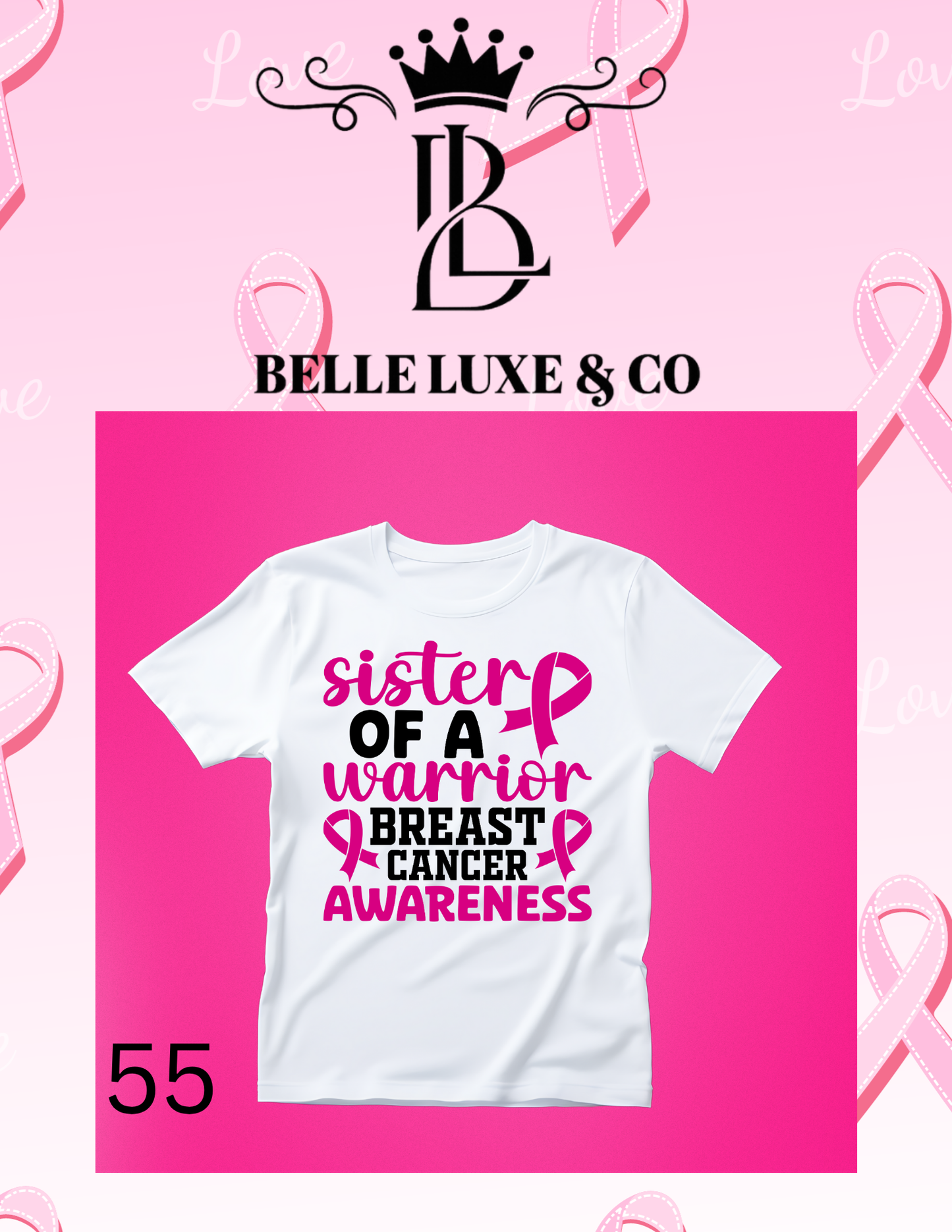 “October is Breast Cancer Awareness Month 💖 Shop our 57 exclusive tees & wear your support proudly! 🎀 #ThinkPink #BelleLuxeAndCo”