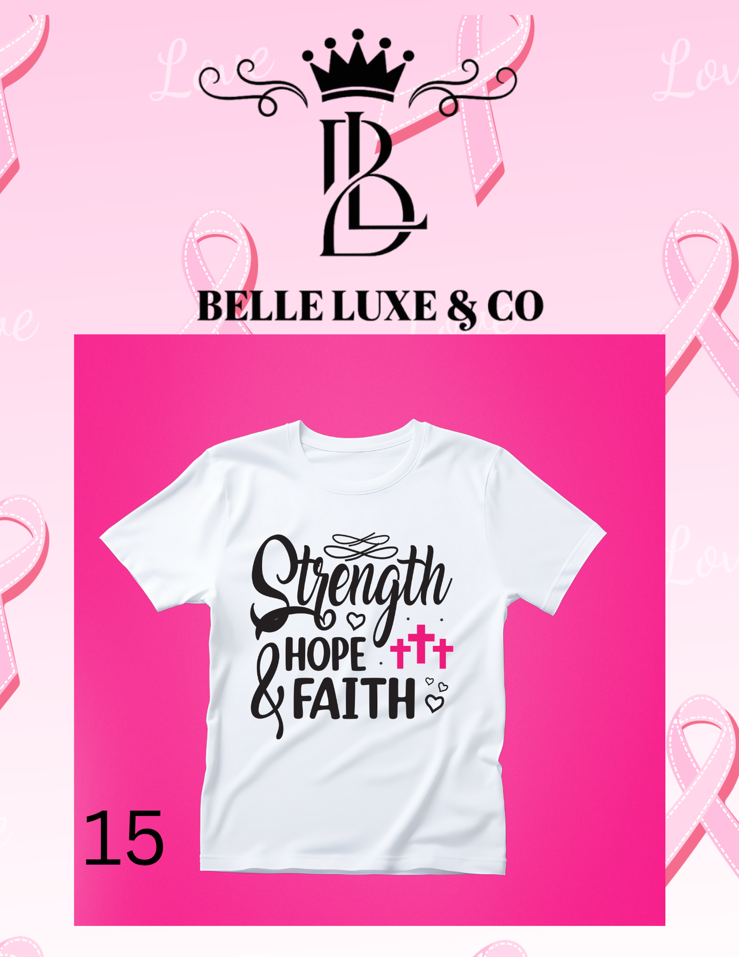 “October is Breast Cancer Awareness Month 💖 Shop our 57 exclusive tees & wear your support proudly! 🎀 #ThinkPink #BelleLuxeAndCo”
