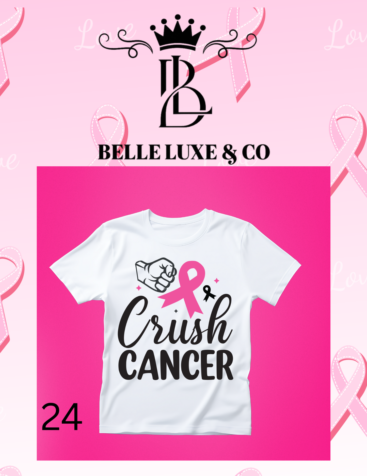 “October is Breast Cancer Awareness Month 💖 Shop our 57 exclusive tees & wear your support proudly! 🎀 #ThinkPink #BelleLuxeAndCo”