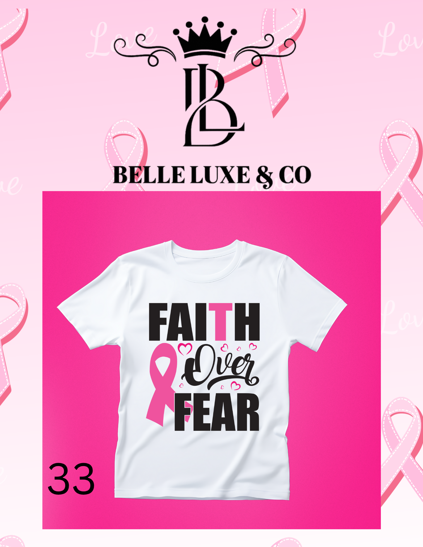 “October is Breast Cancer Awareness Month 💖 Shop our 57 exclusive tees & wear your support proudly! 🎀 #ThinkPink #BelleLuxeAndCo”