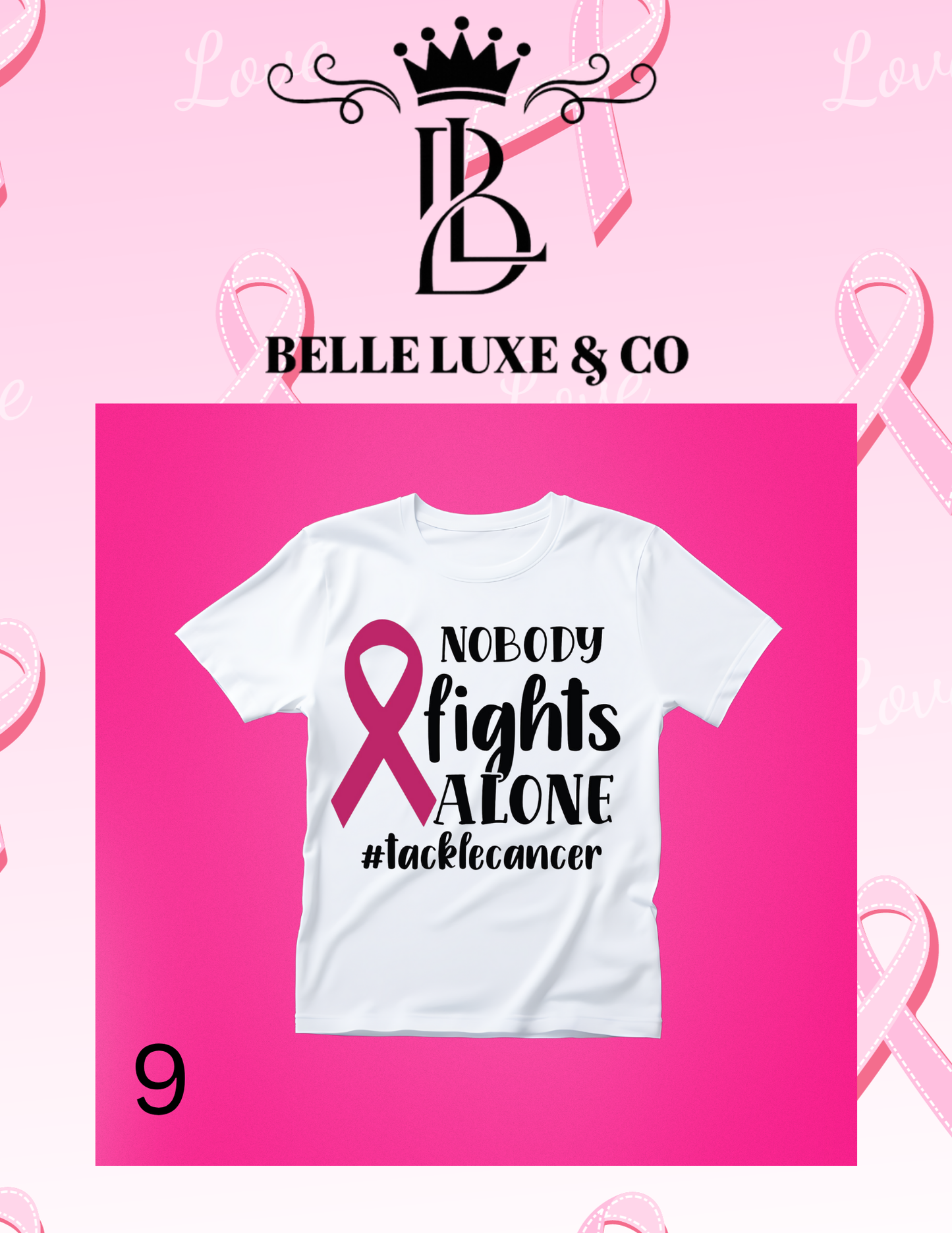 “October is Breast Cancer Awareness Month 💖 Shop our 57 exclusive tees & wear your support proudly! 🎀 #ThinkPink #BelleLuxeAndCo”